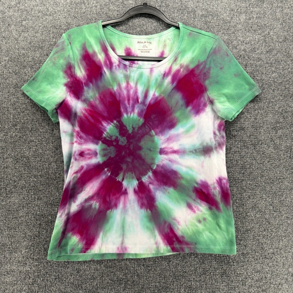 White Stag Shirt Womens L Tie Dye Green Purple Fitted Tee Casual Hippie Gypsy